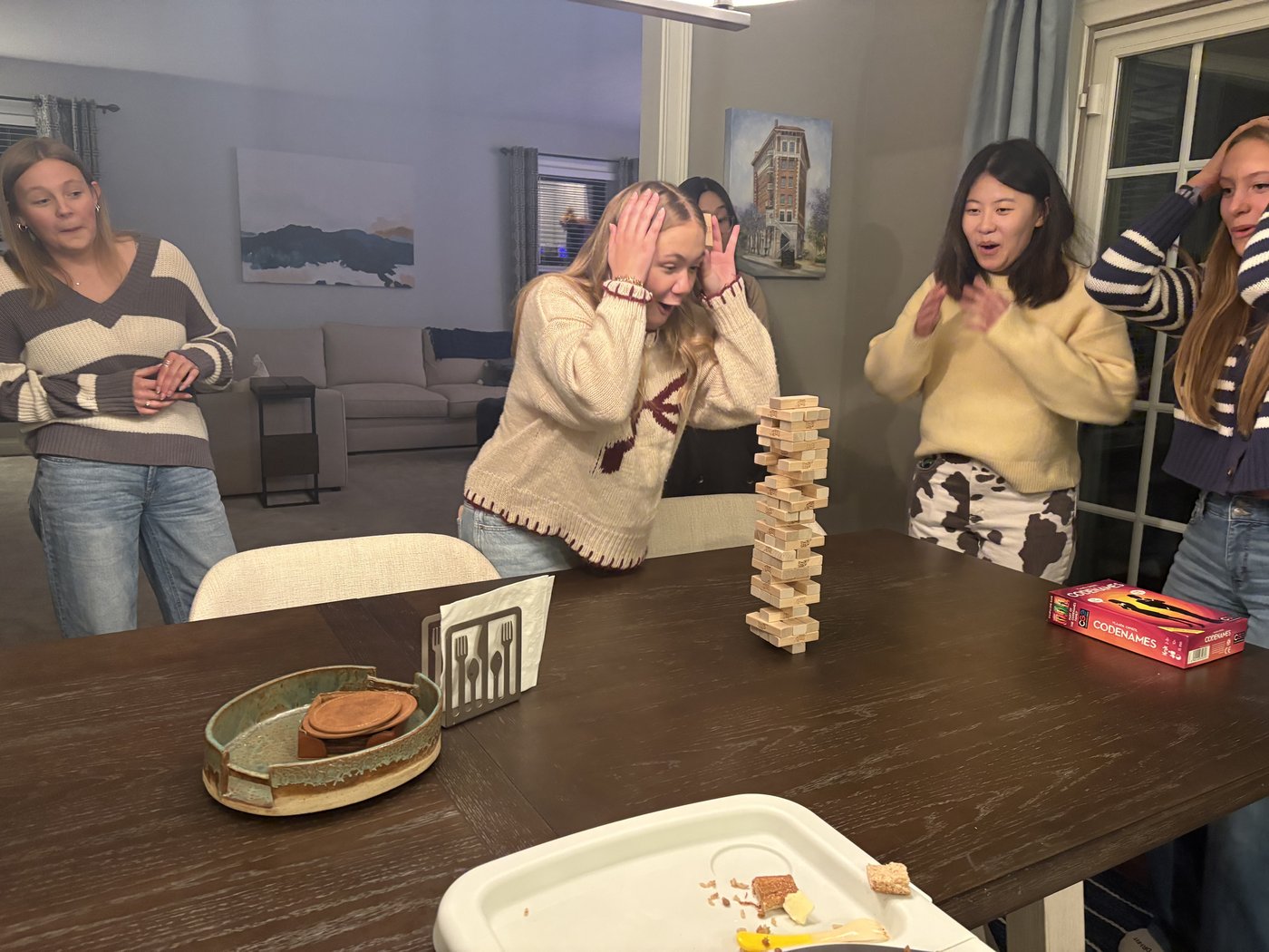 Lab members playing Jenga.